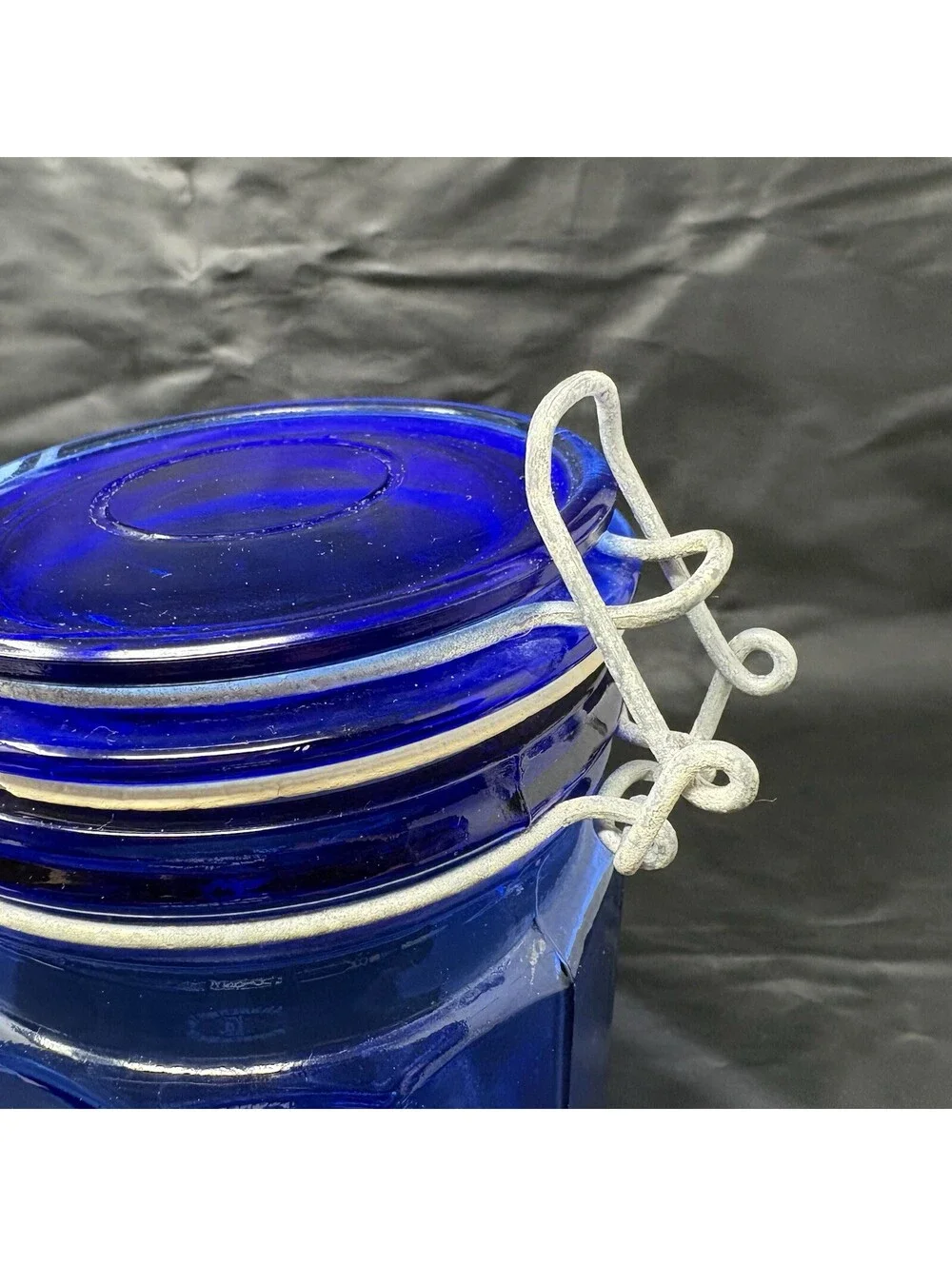 Cobalt Blue Jar Glass Storage Holder With Attached Wire Locking Lid 8” Tall